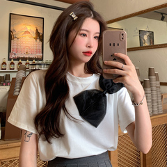 Real price ා new design feeling bow tie foreign style age reducing loose super fire short sleeve T-shirt women's wear