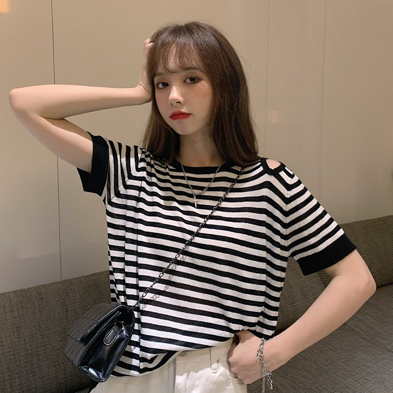 Real price ice silk T-shirt short sleeve off shoulder stripe t-shirt female