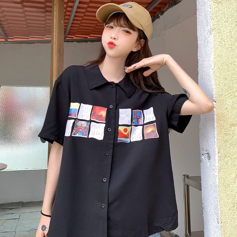 Summer new thin loose print short sleeve shirt