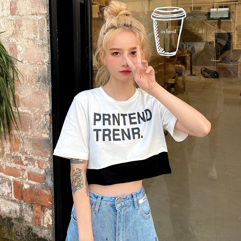 Real price short T-shirt women's short sleeve Europe station new summer dress loose letter print navel top