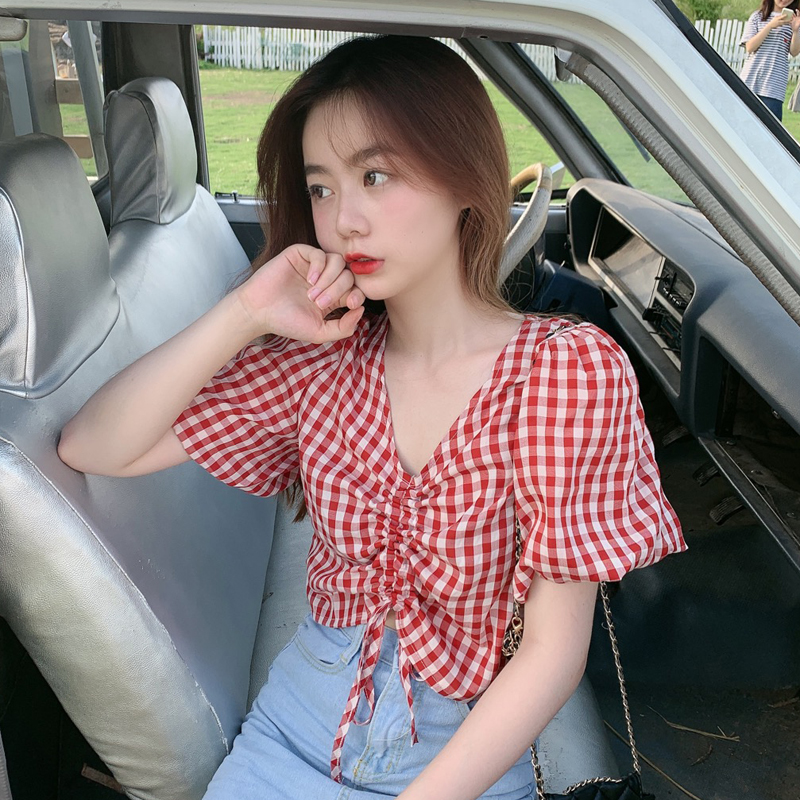 Real price Plaid Shirt neckline drawstring short design