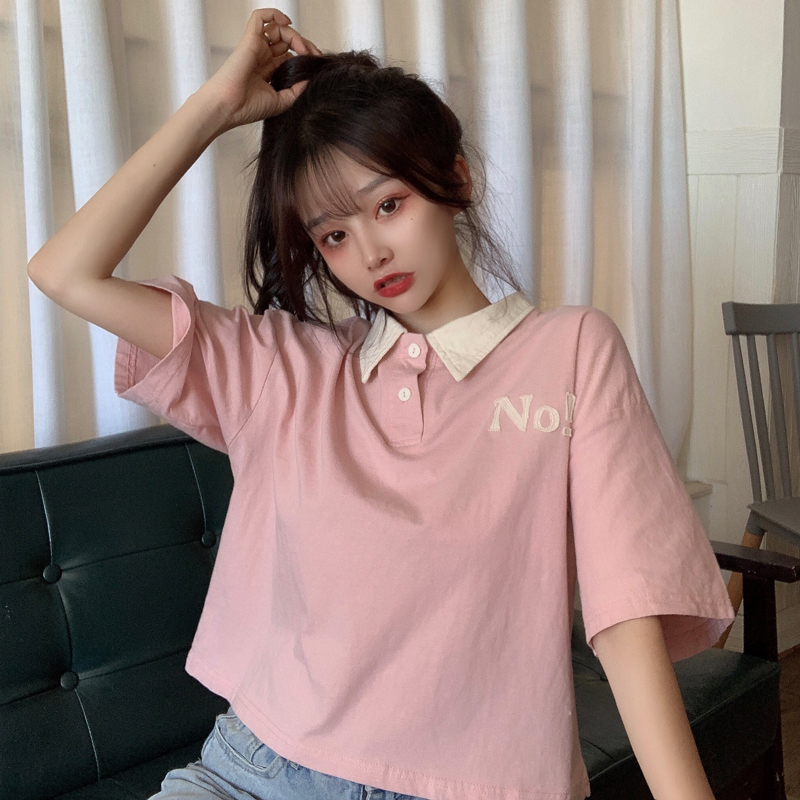New summer Polo neck embroidered letter loose short sleeve T-shirt