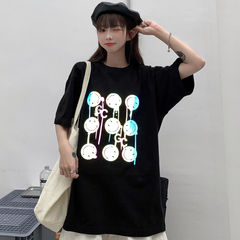 Real price net red reflective smile short sleeve T-shirt women's version Komatsu Hara Sufeng BF half sleeve fried street clothes