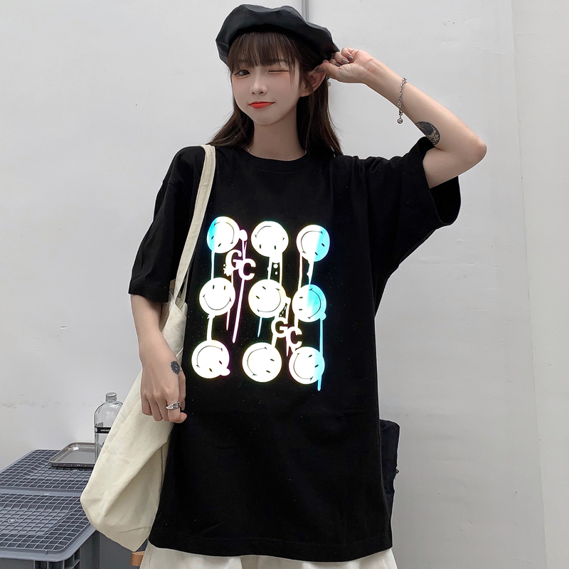Real price net red reflective smile short sleeve T-shirt women's version Komatsu Hara Sufeng BF half sleeve fried street clothes