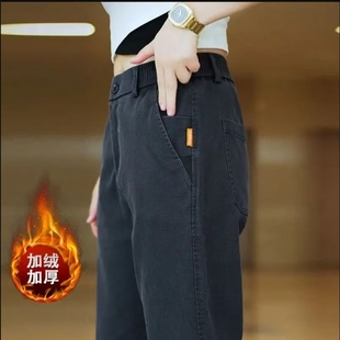 秋冬工作服男款直筒宽松阔腿松紧腰长裤加绒休闲裤男耐磨工装裤子