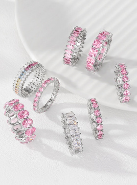 跨境几何排锆戒指S925纯银轻奢锆石钻戒高级感欧美时尚满钻指环