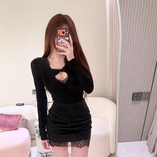 Reneewen 性感蕾丝拼接秋冬内搭连体衣设计感上衣女 日常小心思