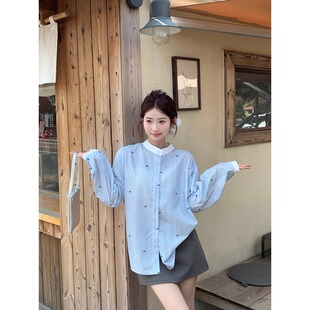 衬衫 韩系慵懒设计感气质蓝白条蝴蝶结印花长袖 上衣女 新款 2026春季