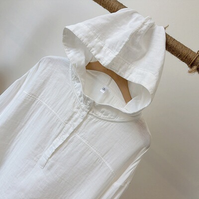 春装连帽纯棉双纱宽松显瘦衬衫