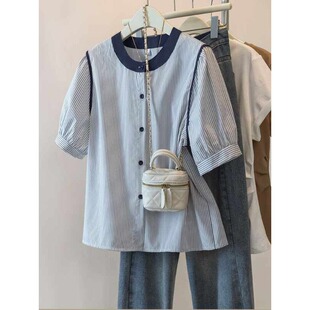 大码 女夏季 胖mm宽松显瘦独特漂亮上衣 衬衫 高级感条纹撞色拼接短袖