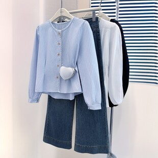 衬衫 2026遮肚显瘦条纹圆领上衣女秋季 百搭高级感气质长袖 时尚 新款