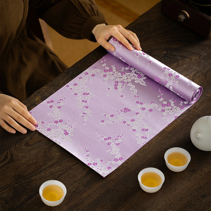 新中式织棉云锦双面提花茶垫紫色微吸水古风禅意紫色茶席长条