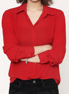 春夏新款雪纺长袖衬衫女韩范百搭显瘦设计感OL气质大红色衬衣上衣