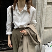 女韩范宽松百搭显瘦气质衬衣上衣洋气打底衫 春秋新款 纯棉白色衬衫