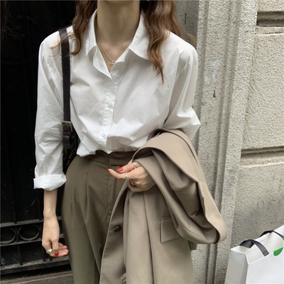 宽松韩范长袖纯棉白色衬衫女高货