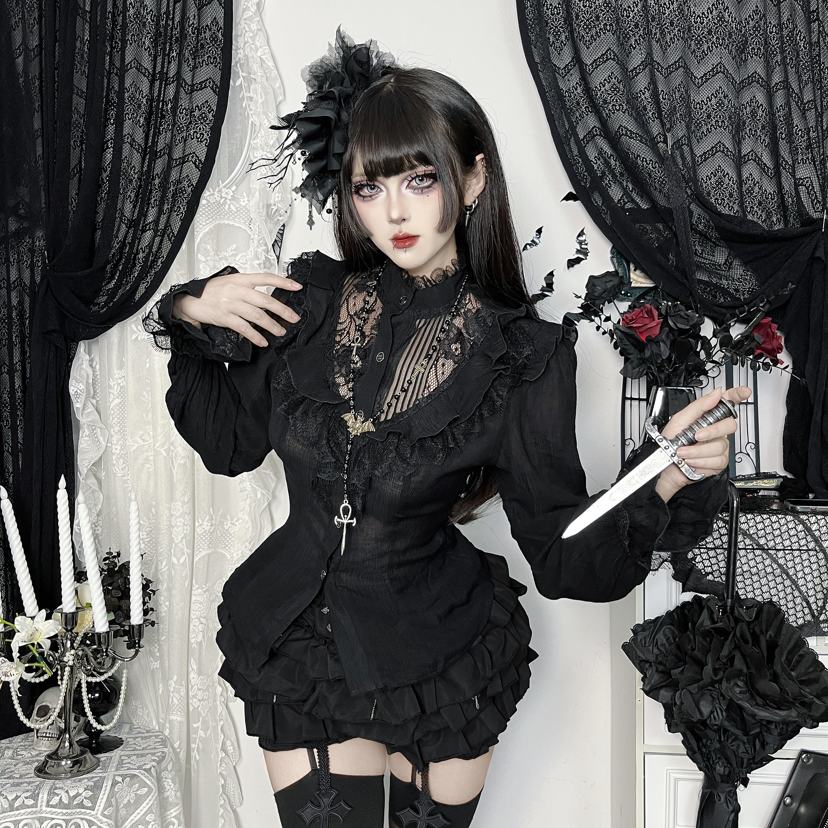 希与studio哥特黑色蕾丝上衣