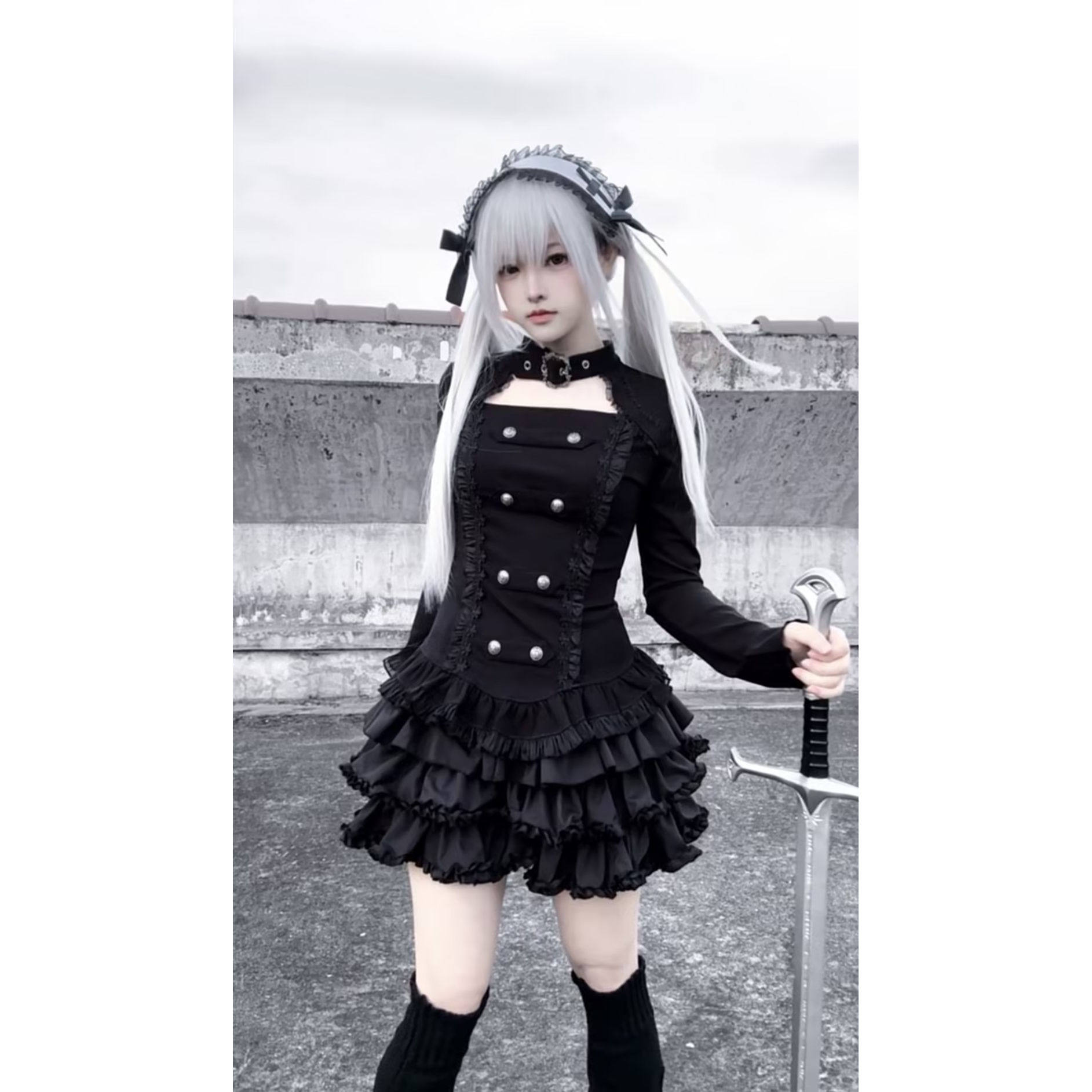 希与STUDIO暗黑风哥特制服套装女黑色双排扣上衣蛋糕裙暗黑少女风