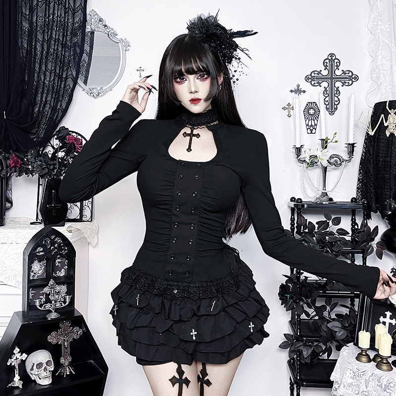 希与studio哥特少女风长袖镂空收腰上衣女暗黑十字架双排纽扣T恤