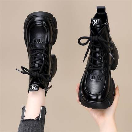 7cm增高小个子厚底马丁靴女2025新款秋冬加绒棉鞋英伦真皮短靴棕