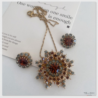 Austria雪花褐色水晶耳夹胸针/项链套装 予美人vintage