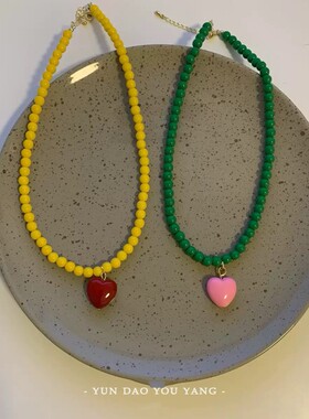 云岛有羊小众粉色爱心串珠颈链潮