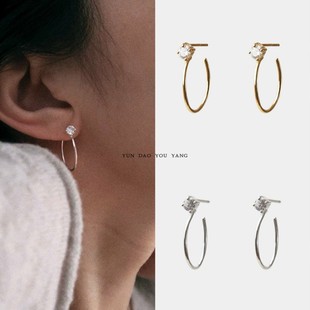 耳环锆石单钻素圈细圈C字耳圈925银针耳饰 极简主义 韩国ins同款
