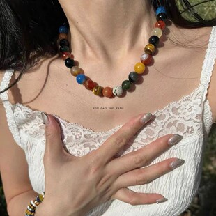 浪漫宇宙～夏日手作彩色天然石玛瑙项链女度假小众虎眼石串珠锁骨