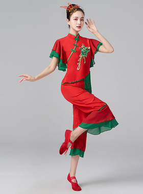 2026夏季新款秧歌舞蹈服女短袖红色喜庆开门红演出服中国风打鼓服