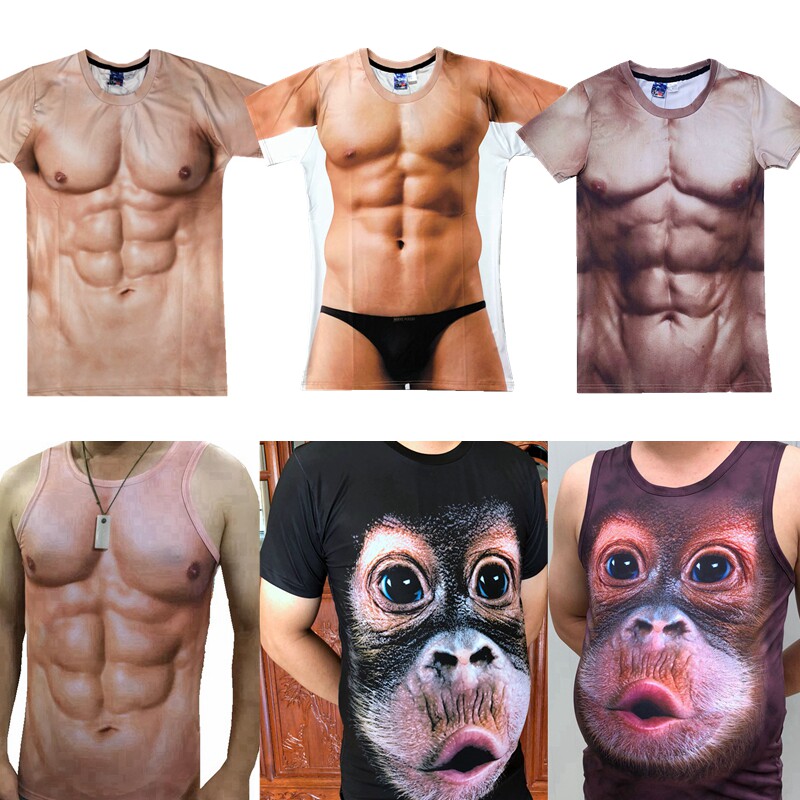 假肌肉背心男猩猩图案恶搞衣服仿真显胸肌腹肌衣紧身修身t恤短袖