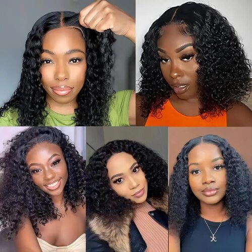 100% human hair 4*4 lace wig nature 1B water wave short wig