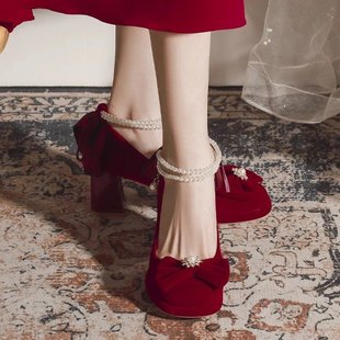 玛丽珍红色婚鞋新娘鞋配旗袍裙子蝴蝶结高级感中式秀禾服高跟单鞋