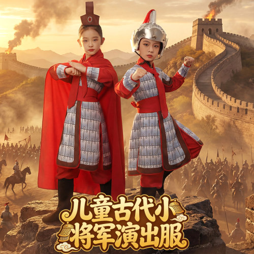 儿童中国风古代将军红色演出盔甲