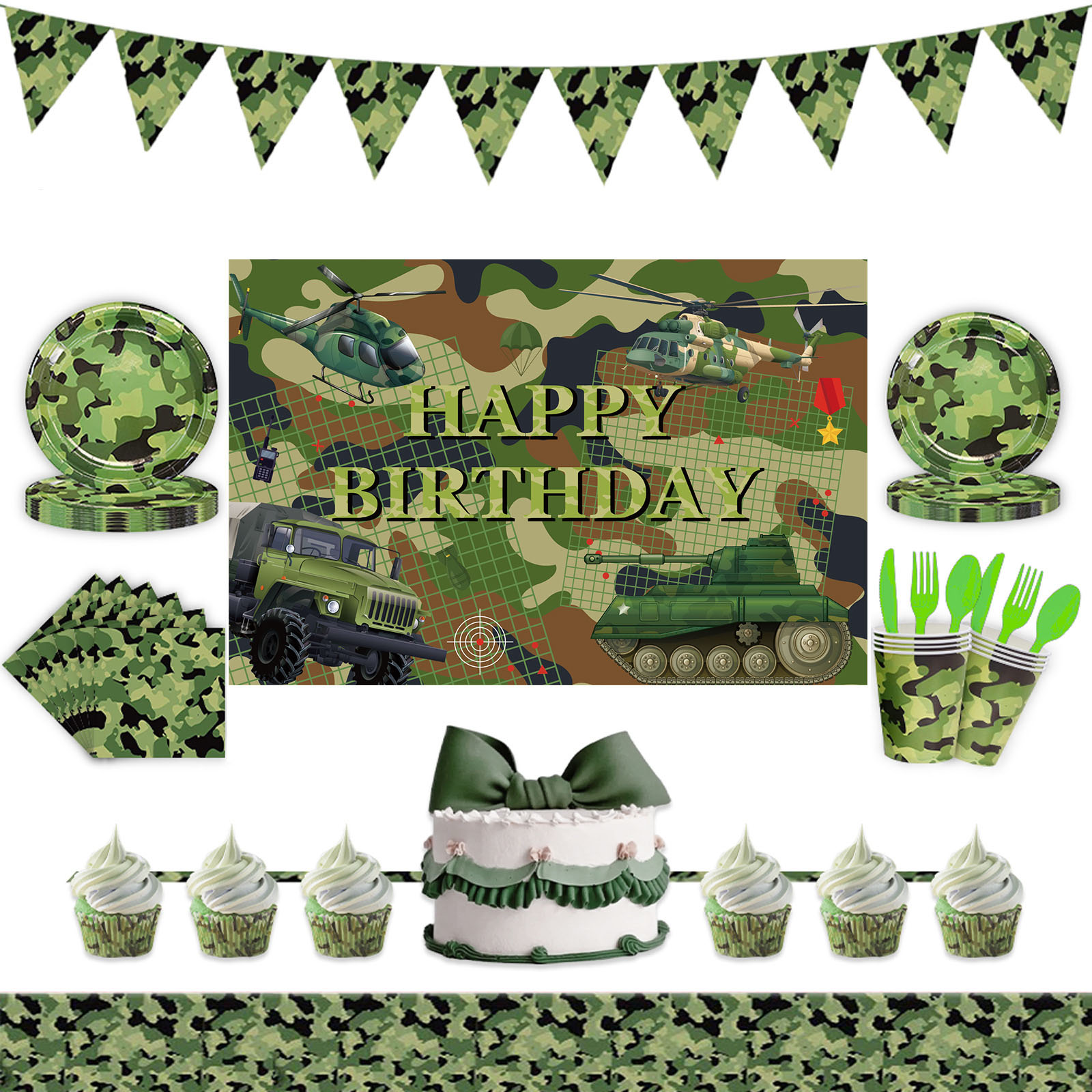 迷彩坦克主题一次性餐具儿童男孩生日蛋糕纸盘杯横幅派对装饰布置
