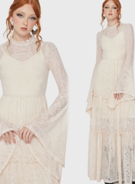 Killstar奶白复古暗黑哥特风复古显瘦长裙蕾丝长袖连衣裙女