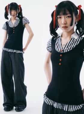 sixthdimension假两件polo领T恤夏季复古小众条纹亚文化y2k上衣