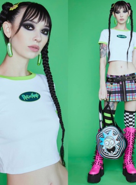 国内现货Dollskill瑞克和莫蒂联名夏季短袖修身纯棉白色短上衣T恤