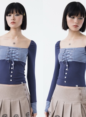 sixthdimension蓝色条纹拼接一字肩长袖T恤交叉系带收腰辣妹上衣