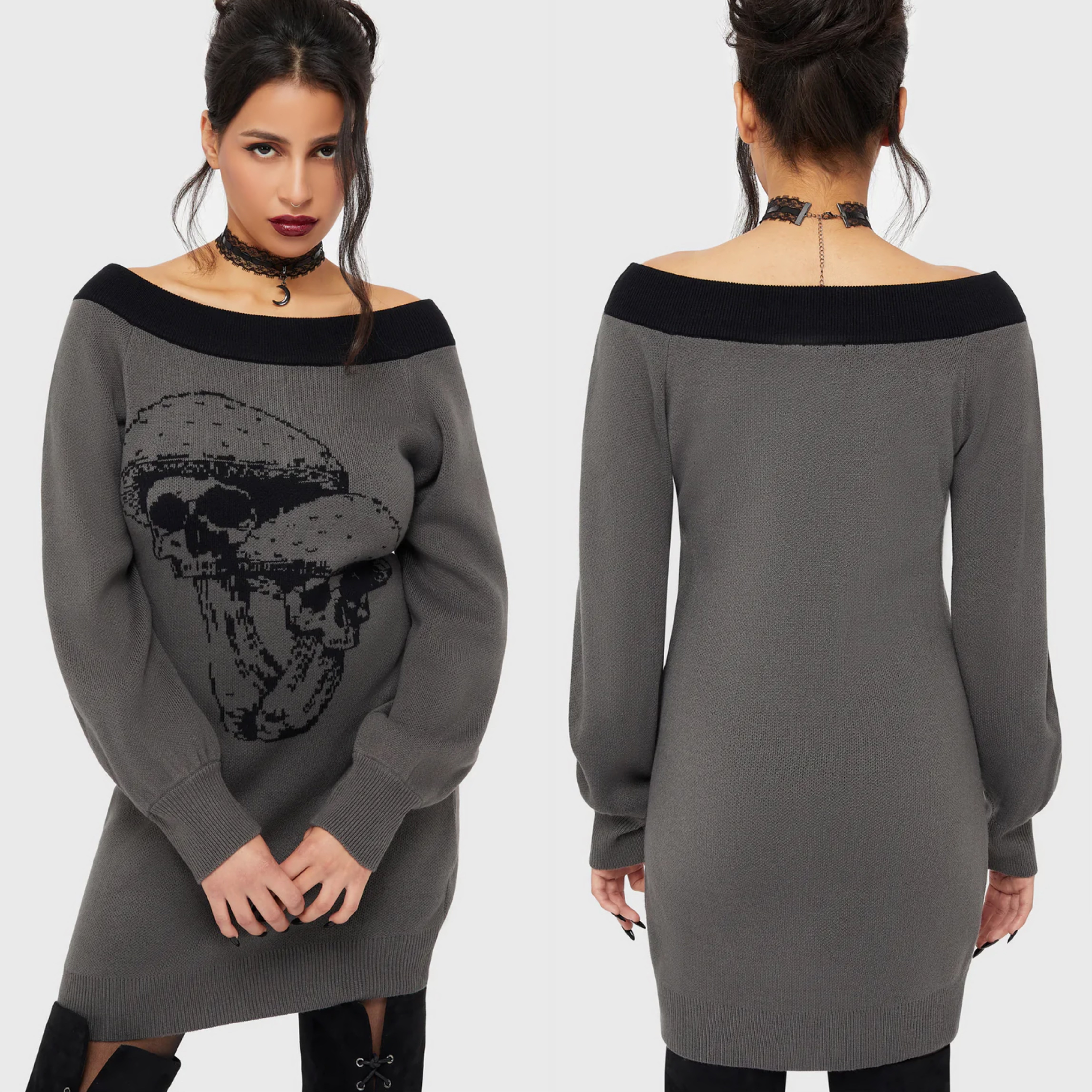 暗黑风骷髅露肩毛衣女撞色