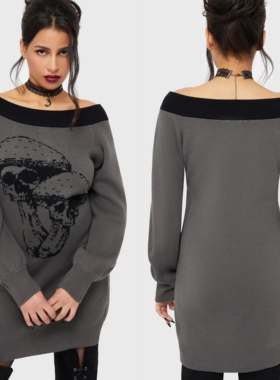 Killstar暗黑风骷髅露肩毛衣女撞色一字领针织衫个性潮酷宽松上衣