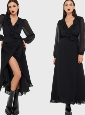 Killstar荷叶边雪纺连衣裙女高腰开叉不规则长裙复古优雅气质长裙