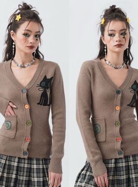sixthdimension黑猫V领针织开衫彩色扣收腰显瘦甜妹复古毛衣外套