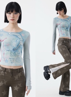 sixthdimension网纱拼接y2k浅蓝印花字母修身长袖圆领短上衣