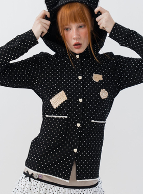 sixthdimension韩系波点连帽开衫外套猫耳设计可爱2025秋冬上衣