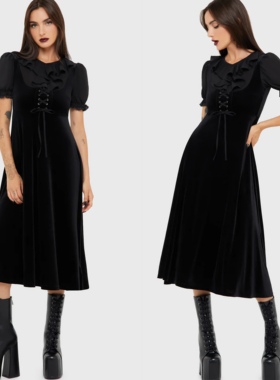 Killstar黑色丝绒连衣裙女荷叶边绑带泡泡袖暗黑哥特风显瘦中长裙