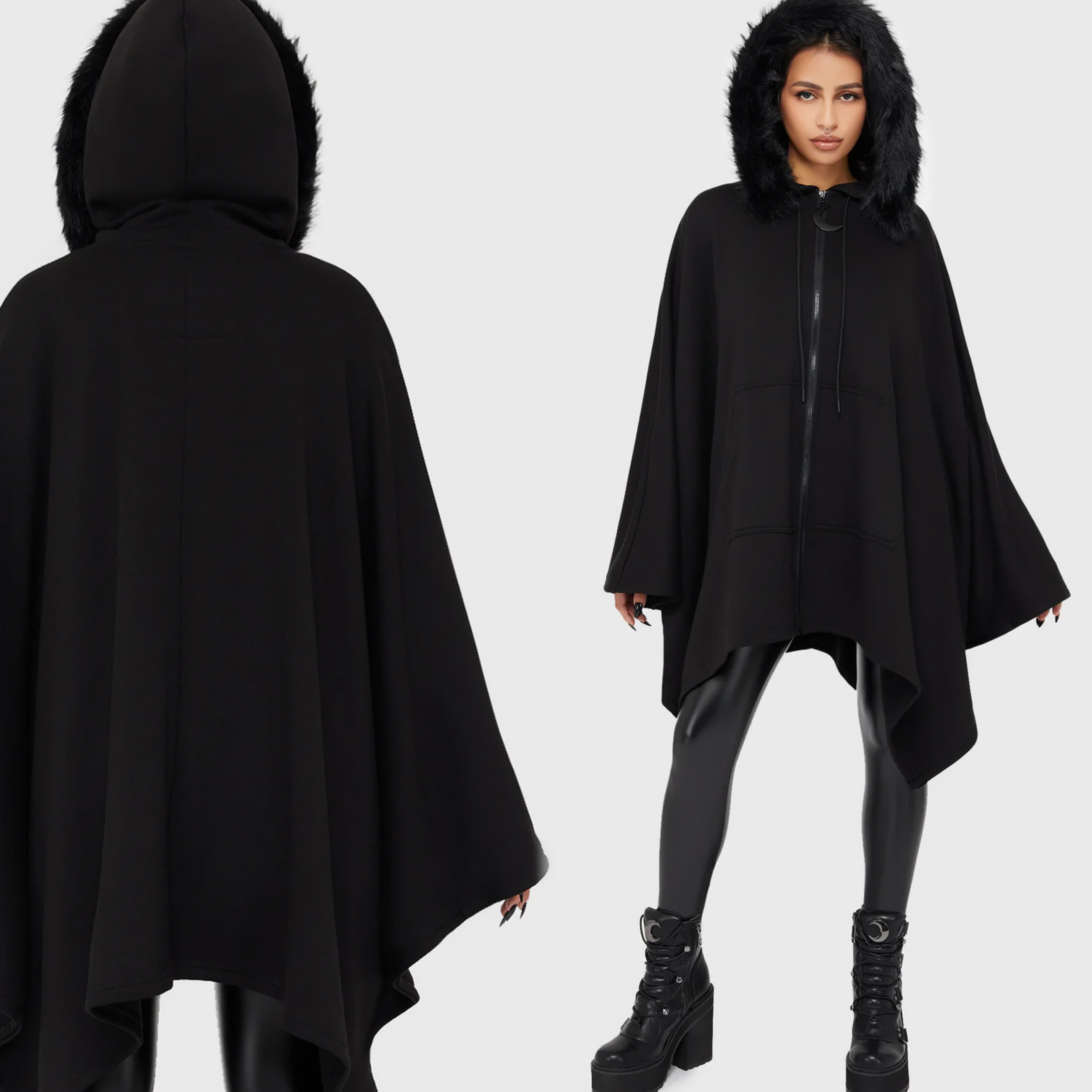 暗黑风毛绒连帽斗篷外套