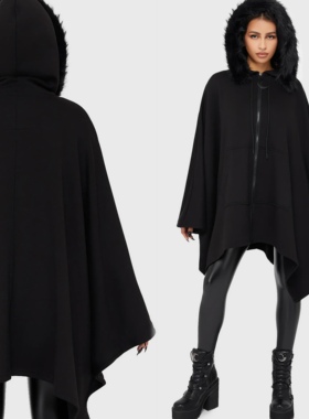 Killstar暗黑风毛绒连帽斗篷外套女拉链设计感小众宽松潮酷上衣