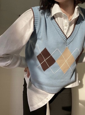 Minga菱格针织背心女 浅蓝复古V领无袖马甲 春秋叠穿减龄上衣
