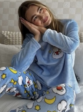 Skinnydip×米菲兔联名珊瑚绒睡衣套装蓝色印花秋冬保暖家居服