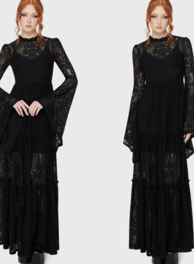 Killstar蕾丝长袖连衣裙女立领喇叭袖多层暗黑哥特风复古显瘦长裙