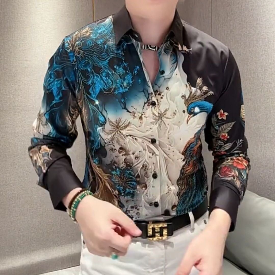 异域风情炫彩民族风轻奢花衬衫秋衣早秋时尚休闲高品质奥钻洋气